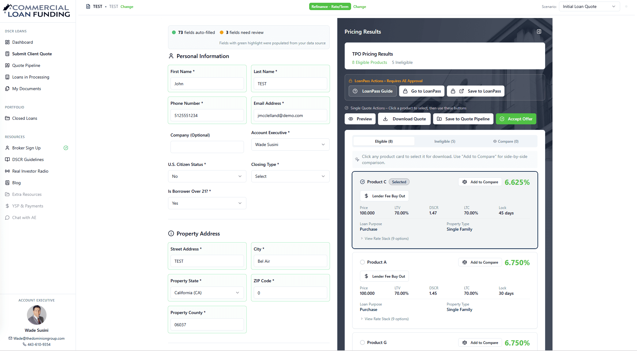 Portal preview — Instant pricing